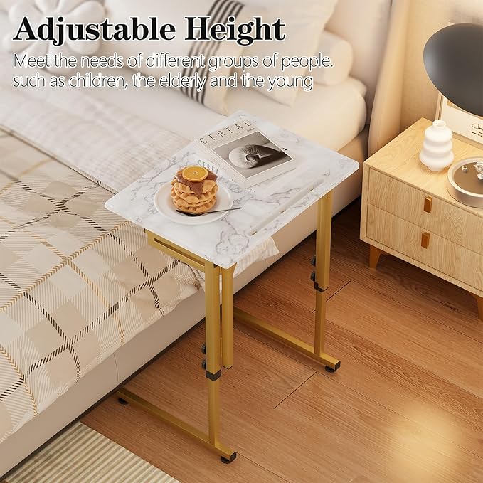 Katrawu Folding tv Tray Dinner Snack Table,6 Height Adjustable Slide Under Couch Side Table, Portable Small Foldable C-Shaped End Table for Eating with Sturdy MDF Top,No Assembly(White Marble+Gold)