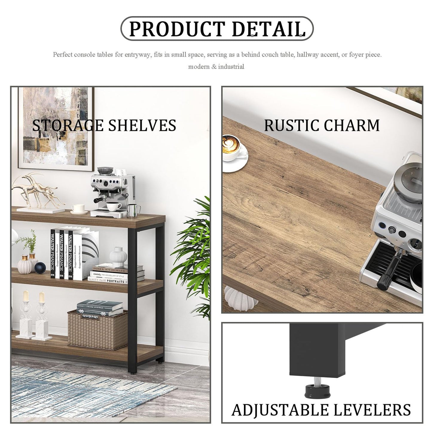 EXCEFUR 47 Inch Rustic Oak Wood Entryway Table, Modern Sofa Table Behind Couch for Living Room, Console Table with 3 Tier Shelves, Foyer Hallway Table with Storage
