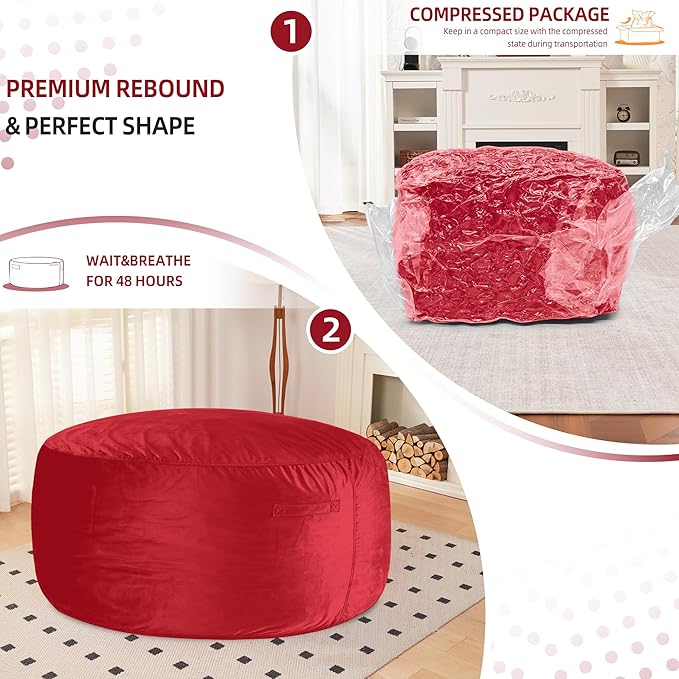 HABUTWAY Bean Bag Chair 3Ft Luxurious Velvet Ultra Soft Fur with High Rebound Memory Foam Bean Bag Chairs for Adults Plush Lazy Sofa with Fluffy Removable Sponge 3' (Red)