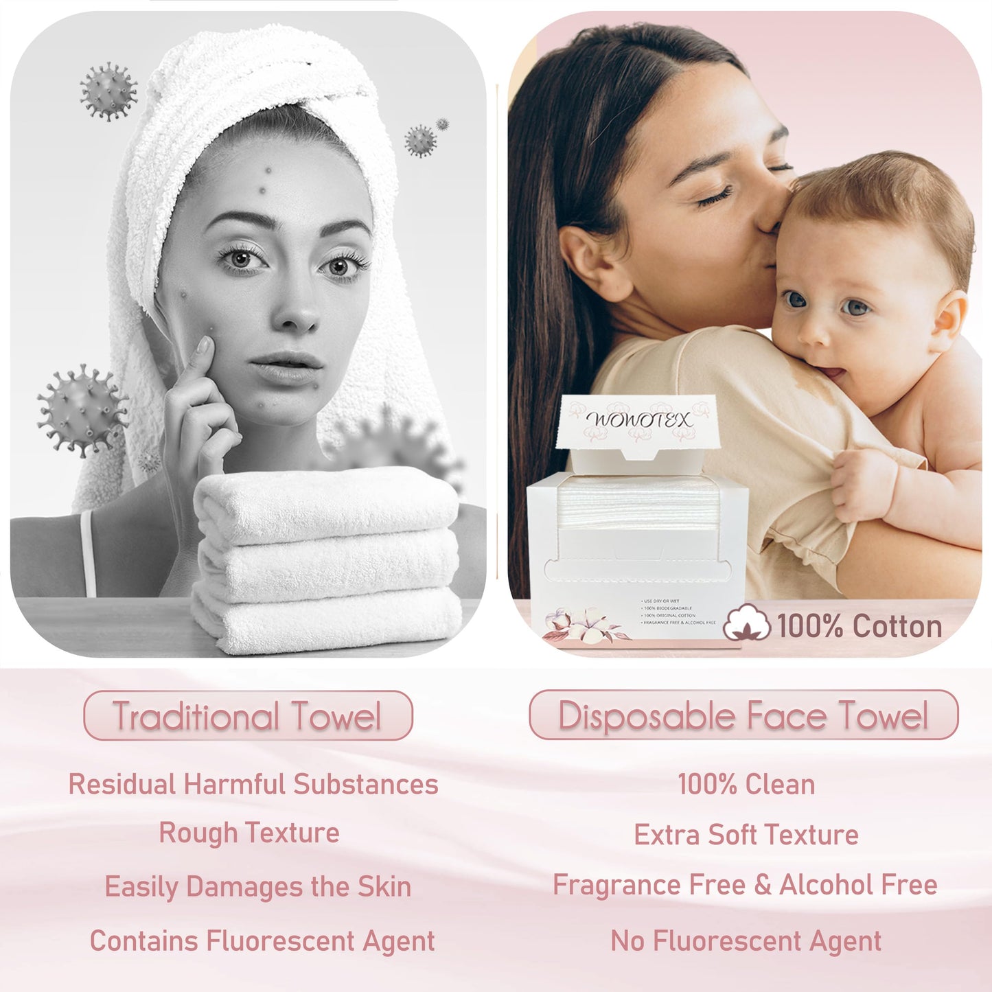 WOWOTEX 100% Cotton Disposable Face Towel 100 Count 10x12 Inch | Biodegradable Thick Soft One Time Use Dry Wipes for Sensitive S