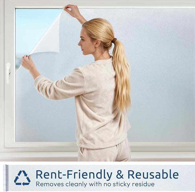 rabbitgoo Frosted Glass Window Privacy Film, No Glue, Anti-Glare Heat Blocking, Easy to Install, Renter Friendly Removable Opaque Bathroom Window Clings for Glass, 17.5 by 78.7 inch