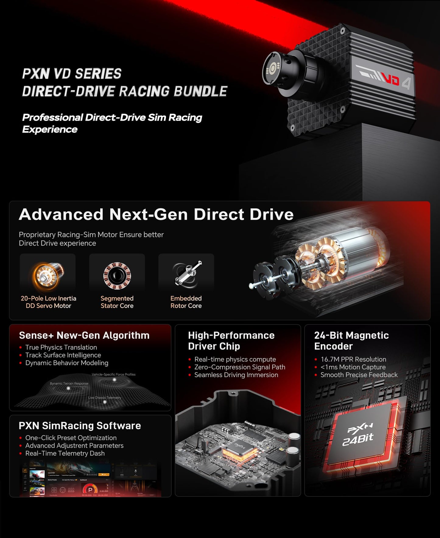 PXN VD4 Direct Drive Racing Wheel Bundle – 4Nm Servo Motor Base, 11 in Steering Wheel with Quick Release, Hall Effect Pedals, Table Clamp, PC Tuning Software Support, Racing Simulator Set for Windows