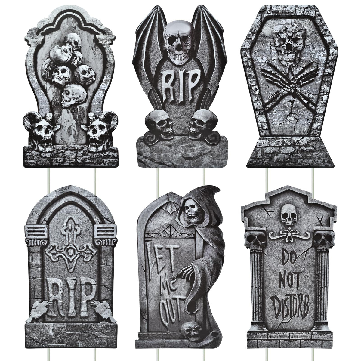 PhyLence 6-Piece Halloween Tombstone Yard Signs with Stakes - Large Eerie Graveyard Design, Spooky Skulls and RIP Messages for Haunted House, Outdoor Garden, Lawn Decor, Halloween Party Props