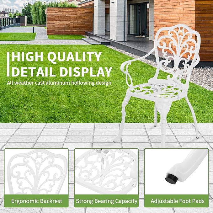 Withniture Patio Bistro Sets 3 Piece,Cast Aluminum Bistro Table and Chairs Set of 2 with 1.97" Umbrella Hole,All Weather Bistro Table Set Outdoor Patio Furniture for Garden,Yard(Butterfly White)