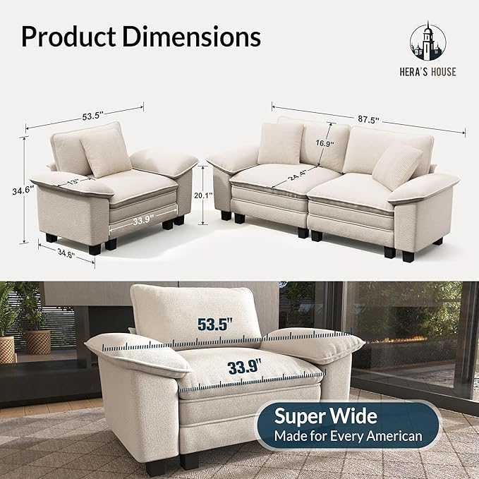 HERA'S HOUSE 2 Pieces Modular Sectional Sofa Sets, Oversized Couch Set with Loveseat and Armchair, Comfy Cloud Couches with Throw Pillows, 3-Seater Deep Seat Sofa for Living Room, Chenille Beige