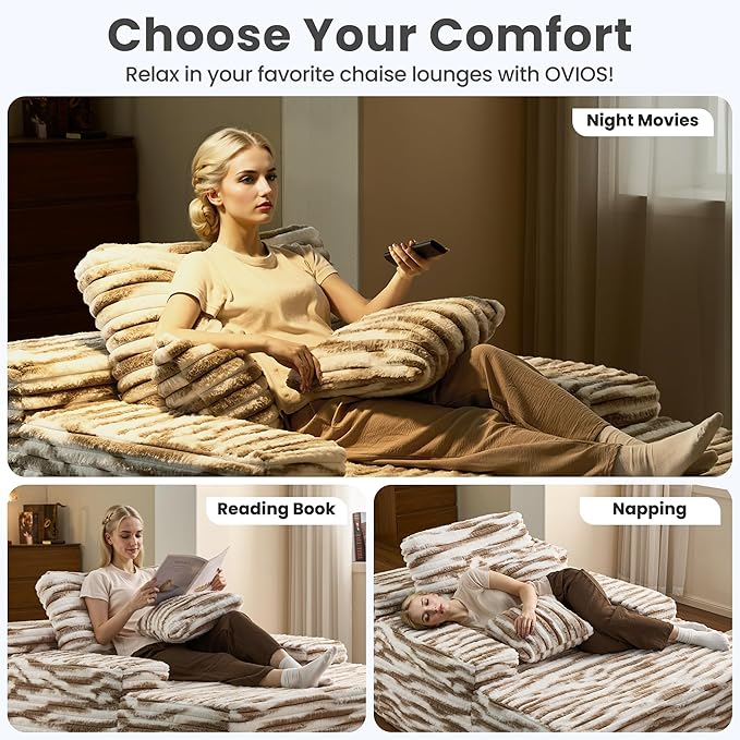 ovios 67'' Chaise Lounge Chair Indoor, Oversized Upholstered Sofa Bed, Sleeper Couch Reading Chairs Fluffy Plush Faux Fur Cloud Sofas Couches for Living Room, Brown Zebra Print