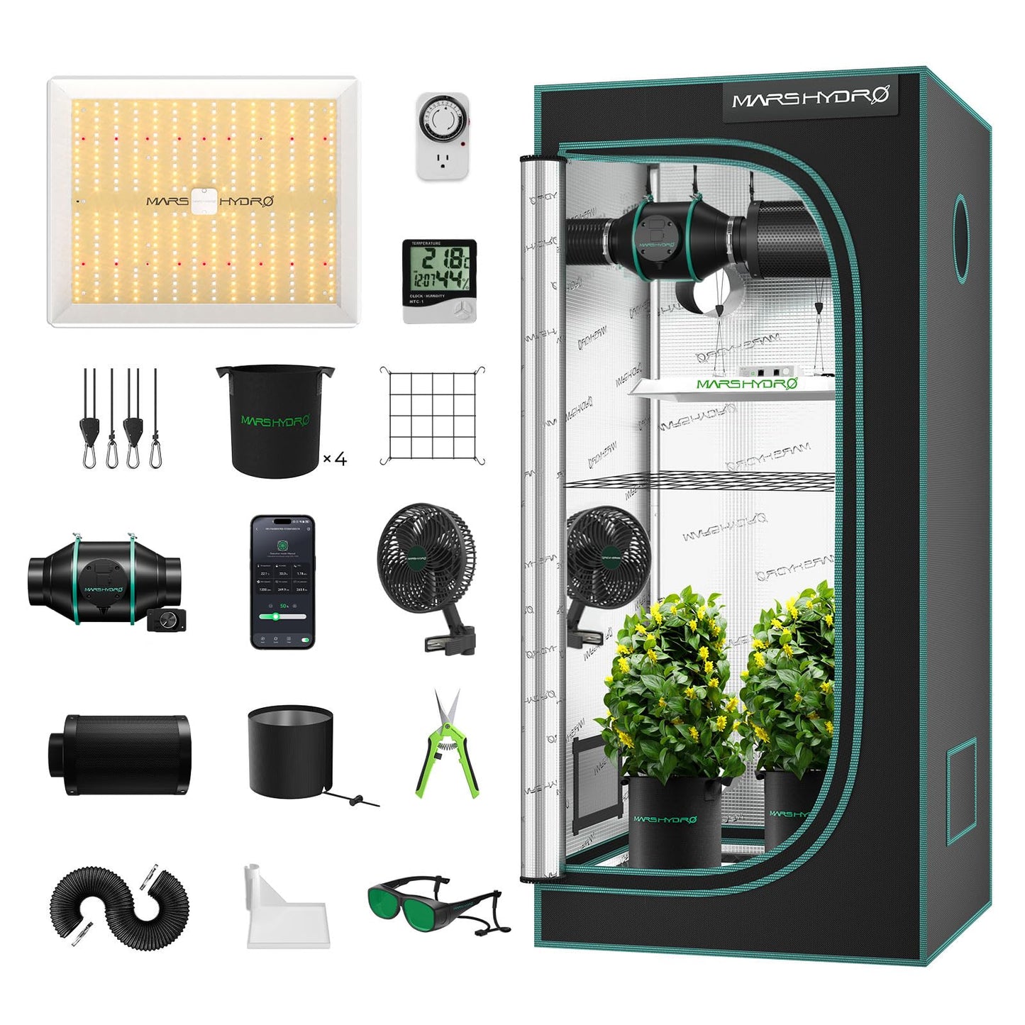 MARS HYDRO 3x3 Grow Tent Kit Complete System,150W TS1000 LED Programmable&Dimmable Grow Light, 32"x32"x63" 1680D High Reflective Mylar Grow System with 4inch Smart WiFi Control Ventilation System