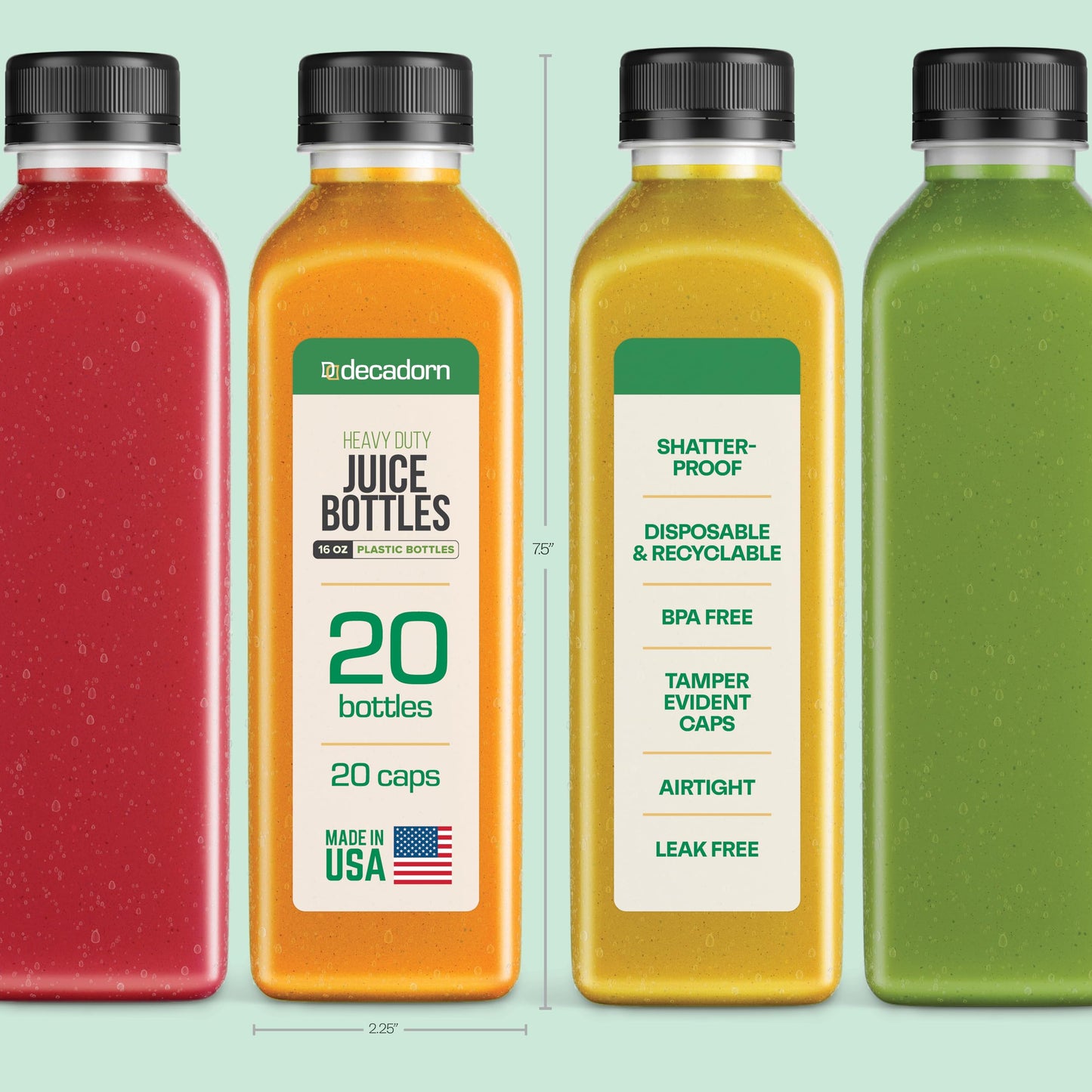 DECADORN 16oz 20pcs Juice Bottles With Caps - MADE IN USA Juice Containers With Lids For Fridge - Juicer Bottles With Tamper Evident Caps, Shatterproof, BPA-Free, Leak proof, Disposable & Recyclable