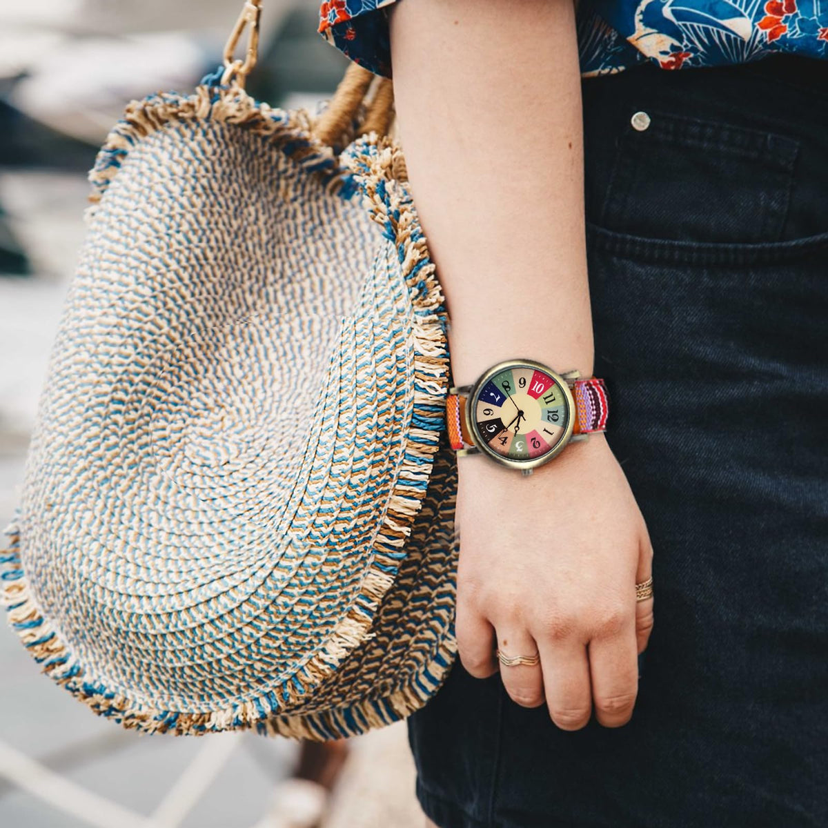 AstraMinds Ladies Wrist Watches for Women - Boho Hippie Large Surface Watches, PU Leather Woven Rainbow Watch Mother‘s Day Gift for Women Adults Mother (Warm Red)