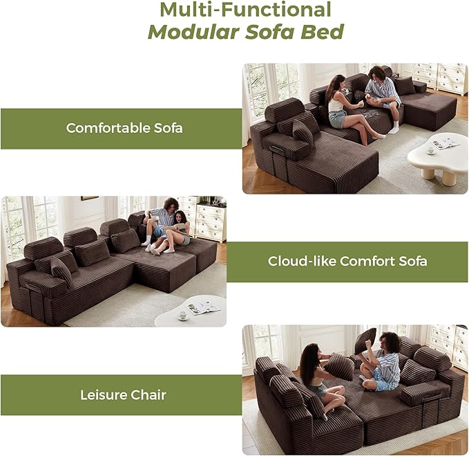 141" U-Shaped Cloud Modular Sectional Sofa with Chaise & Headrest, Boneless Deep Seat Plush Corduroy Couches for Large Living Room, No Assembly Required (Brown, 141" U-shapred Chaise)