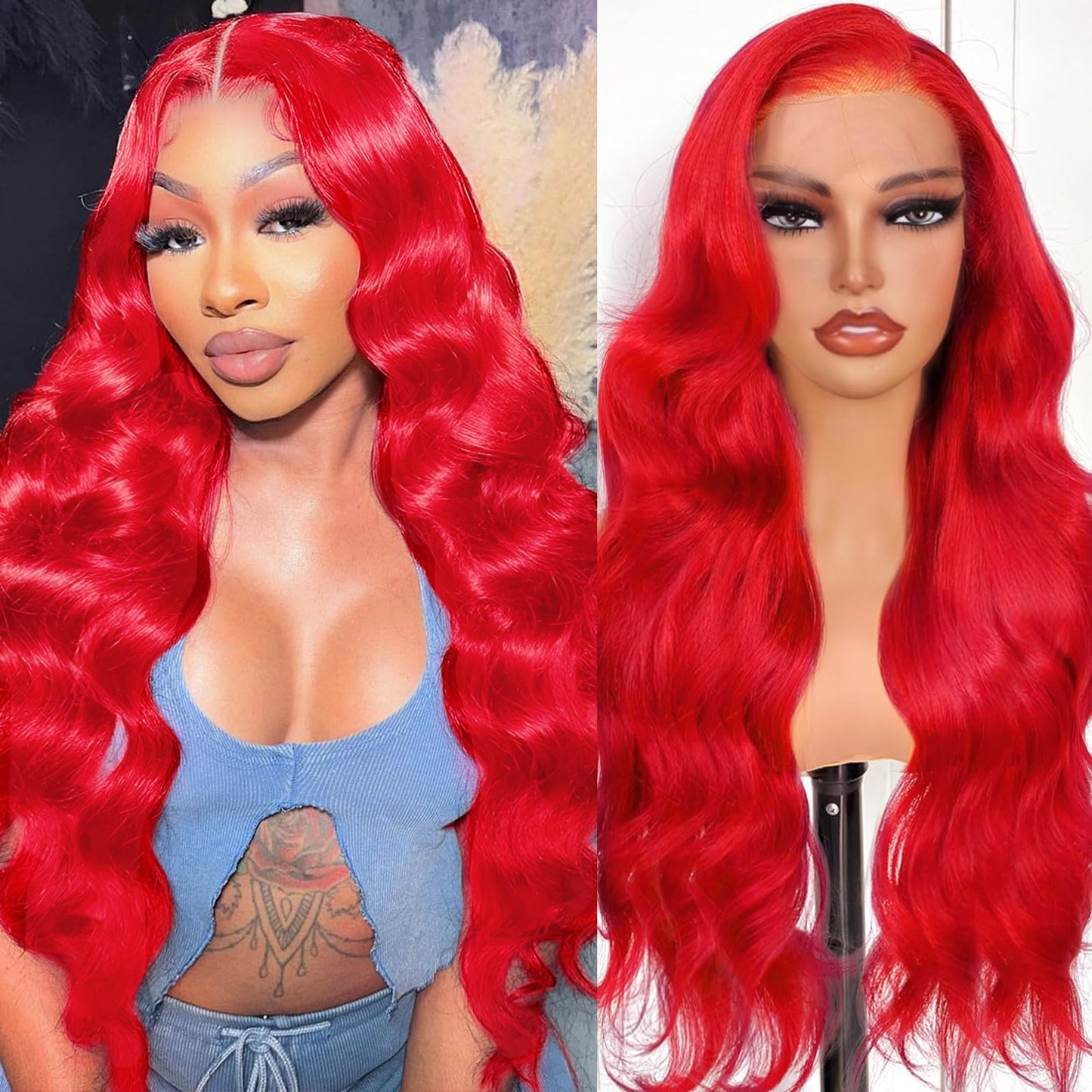 Shciyair 22 Inch Red Lace Front Wigs Human Hair Pre Plucked 13x4 Body Wave Human Hair Wig For Women 200 Density Red HD Lace Fron