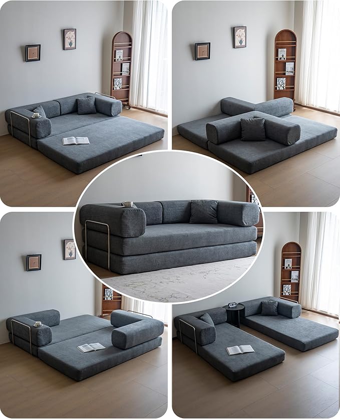 No Assembly Convertible Sofa Bed & 79" Boneless Couch with Pocket , 5-in-1 Futon Sofa Bed with 2 Pillows Modular Pull Out Couch Bed with Frame,Compression in Box for Living Room Small Spaces Grey