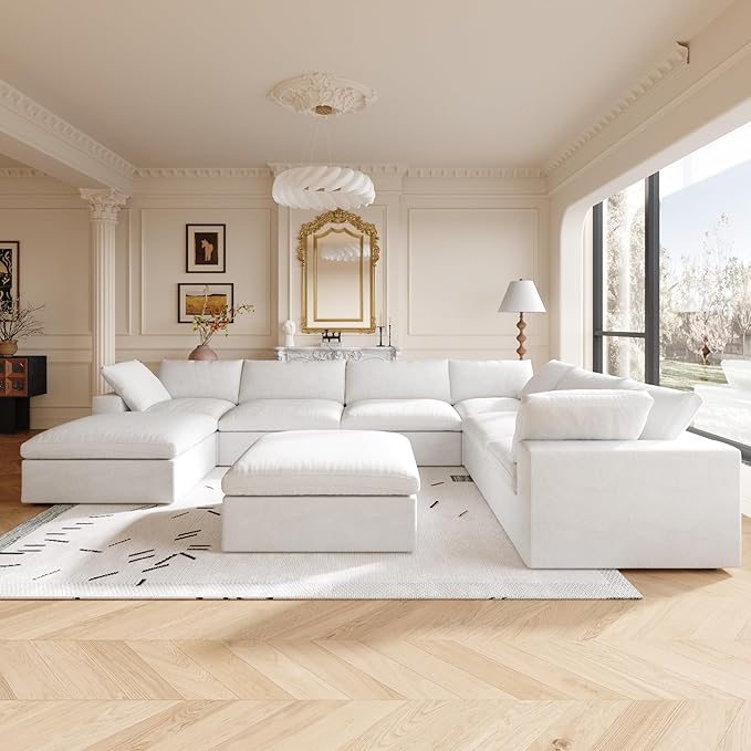 Cloud Modular Sectional Couch,160inch Overzised Down Filled Comfort Sofa Couch for Living Room,8 Seater Minimalist Wide Deep Seat Convertible Couches,Sofa Cover Washable & Removable,White