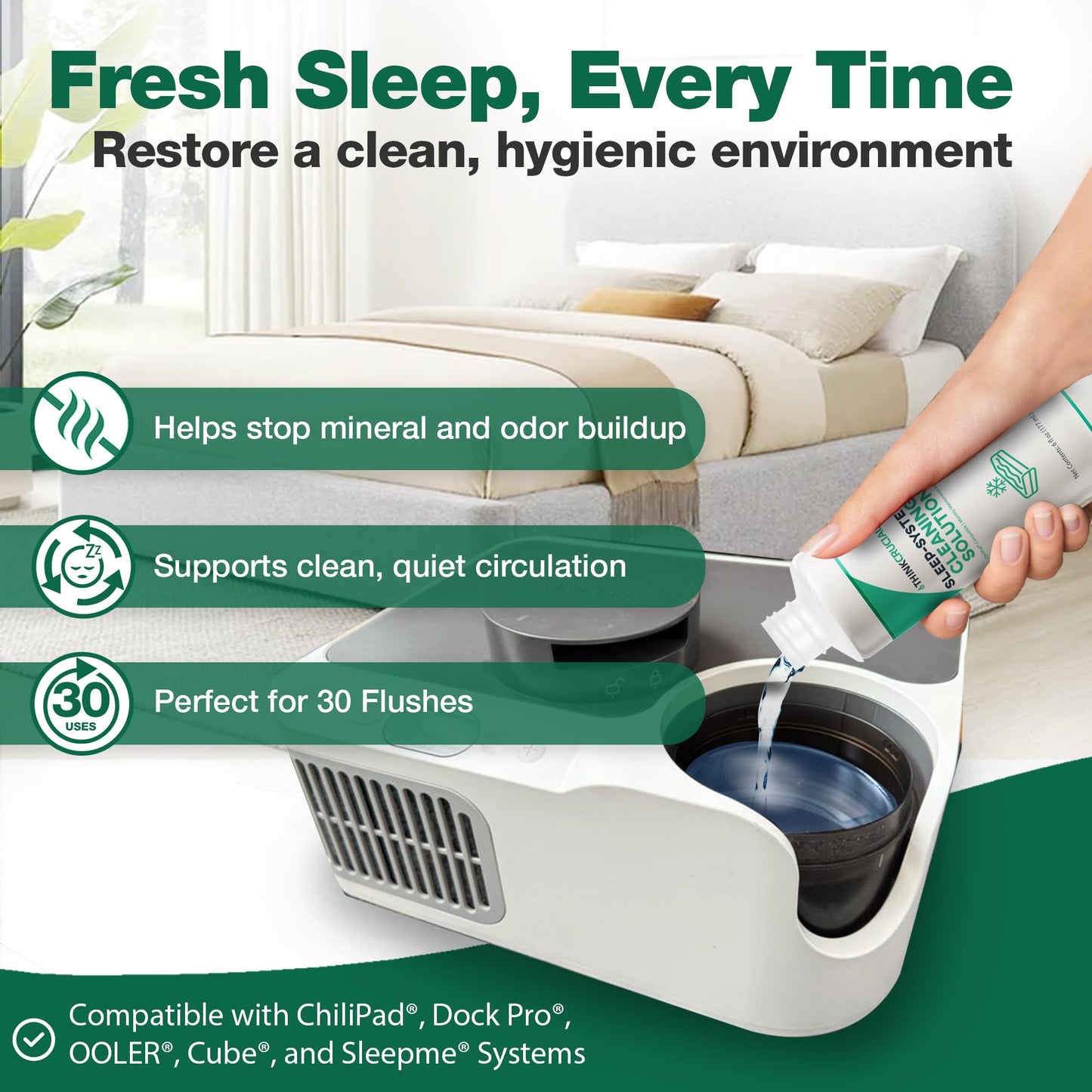 Think Crucial 30x Uses Sleep System Cleaner – Compatible with Chilipad, Chili Sleep Dock Pro, OOLER & Cube Cooling Pad Systems – Bed Cooling Pad Monthly Maintenance Concentrated Solution – 6oz