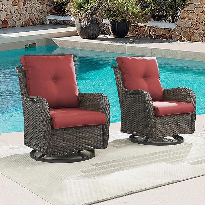Rilyson Wicker Rocking Chair Swivel Chairs - 2 Piece Rocker Patio Chairs Set Rattan Rocking Chair for Outdoor Porch Deck Garden Backyard (Brown/Red)