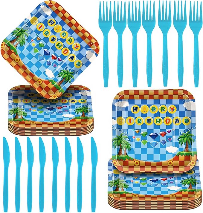 60 Pcs Hedgehog Birthday Party Supplies,Video Game Themed Decorations, Plates, Forks, Games, and Favors for Kids' Celebration