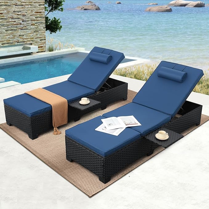 WAROOM Outdoor Chaise Lounge Chairs for Outside Patio Furniture Set of 2 Wicker Recliner Black Rattan Reclining Pool Sunbathing Chair Adjustable Backrest Lounger with Blue Cushion