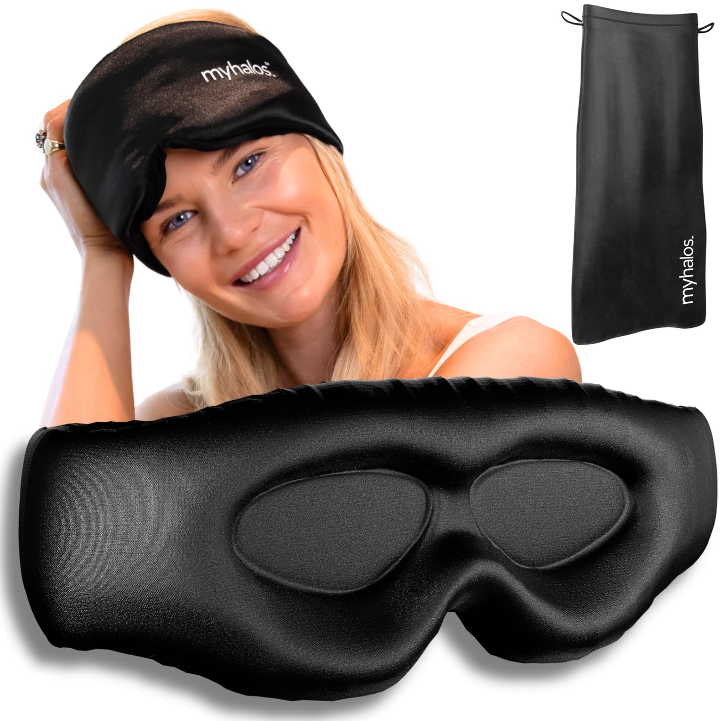 MyHalos 3D Mulberry Silk Sleep Mask for Women & Men with Cups, Blackout - Silk Eye Masks for Sleep Anywhere, Travel, Night, Face, Side - Eye Cover, Sleeping Mask, Eyemask, Sleepmask, Black