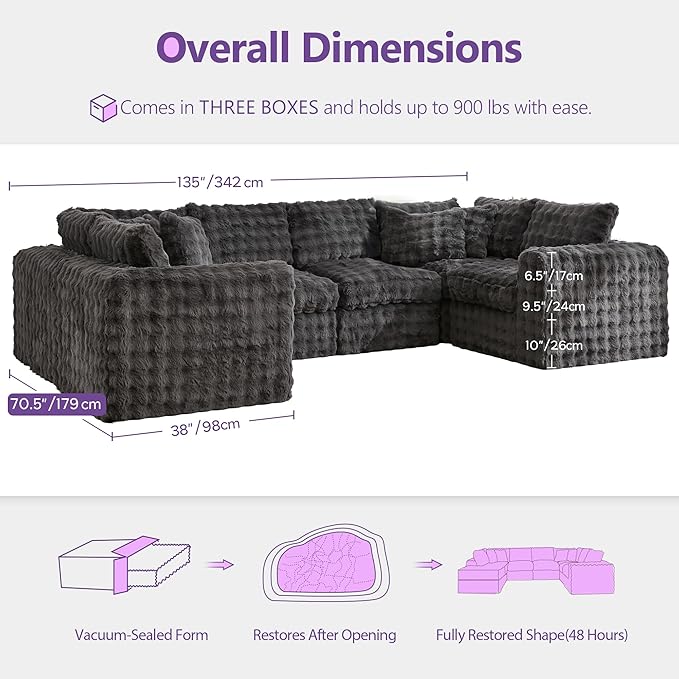 TYBOATLE 135’’ Boneless Slow-Rebound Memory Foam Couch, Cloud Sectional Couches for Living Room w/Upgraded Fabric, Deep Seat Comfy Fluffy U Shaped Modular Sectional Sofa w/Chaise (Grey, 6U)