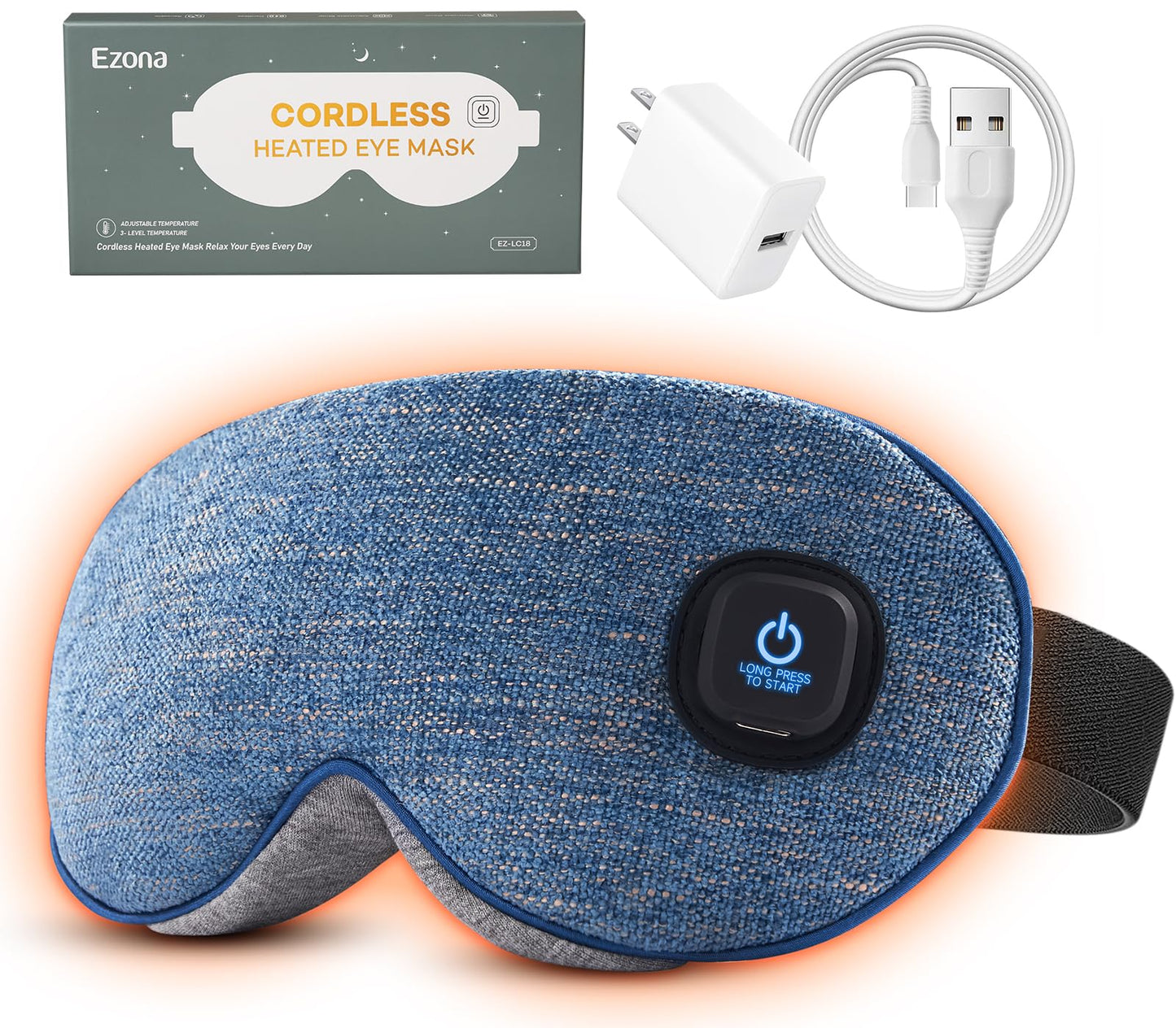Ezona Cotton Cordless Heated Eye Mask, Warm Eye Compress Mask for Dry Eyes, Washable Eye Heating Pad for Travel, Dry Eyes, Blepharitis, Sinus Migraine (Blue)