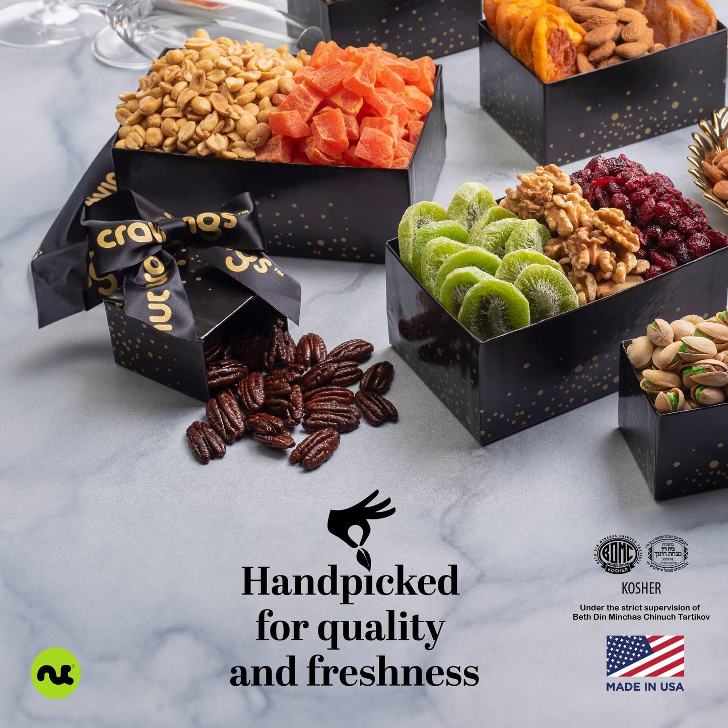 NUT CRAVINGS - Dried Fruit & Mixed Nuts Gift Basket in Black Tower + Ribbon (12 Assortments) Food Arrangement, Healthy Snack Care Package, Food Assortments