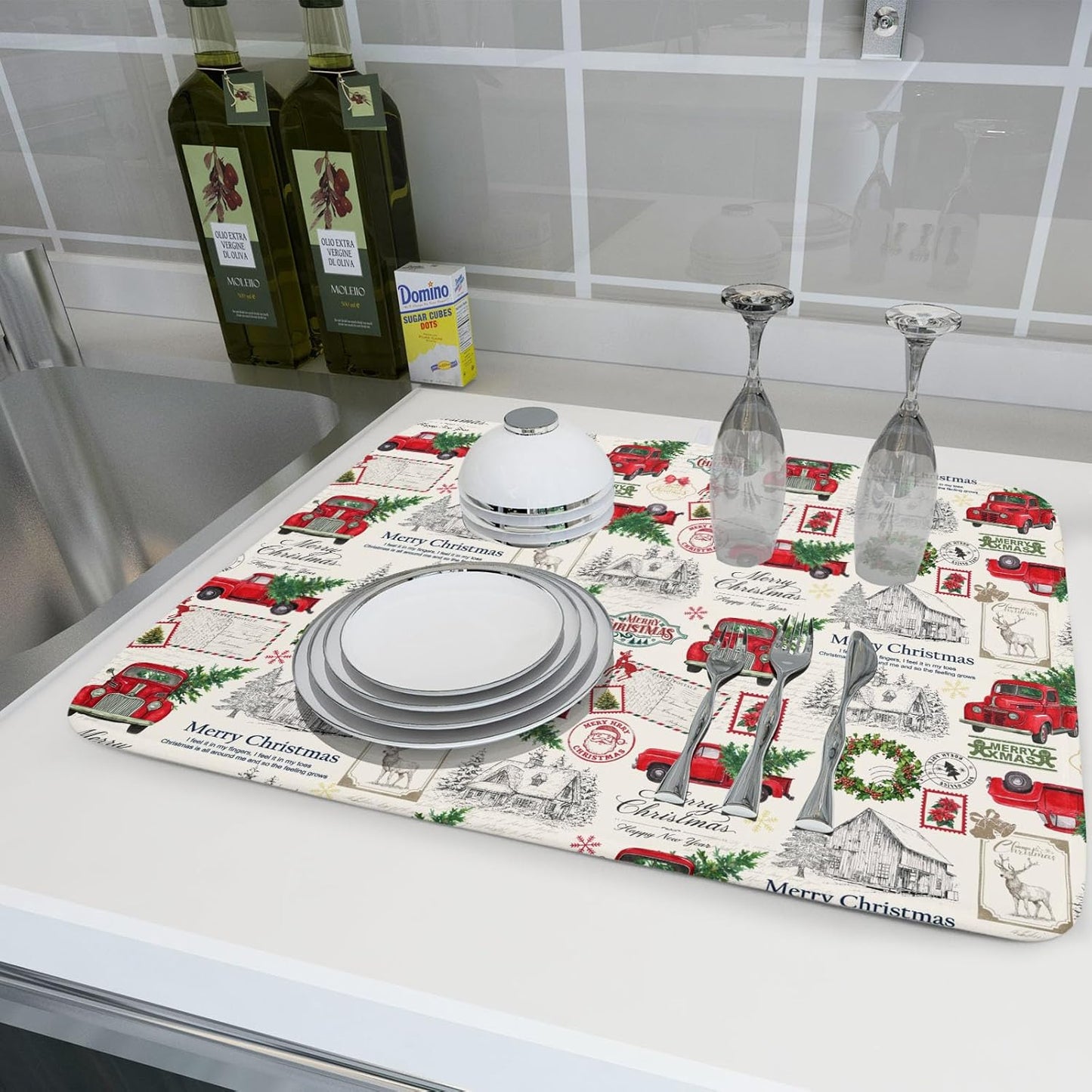 Christmas Red Truck Dish Drying Mat for Kitchen Counter Vintage Xmas Theme Drying Mat 18x24 Inch Winter Holiday Absorbent Dish Drainer Mat Christmas Kitchen Accessories
