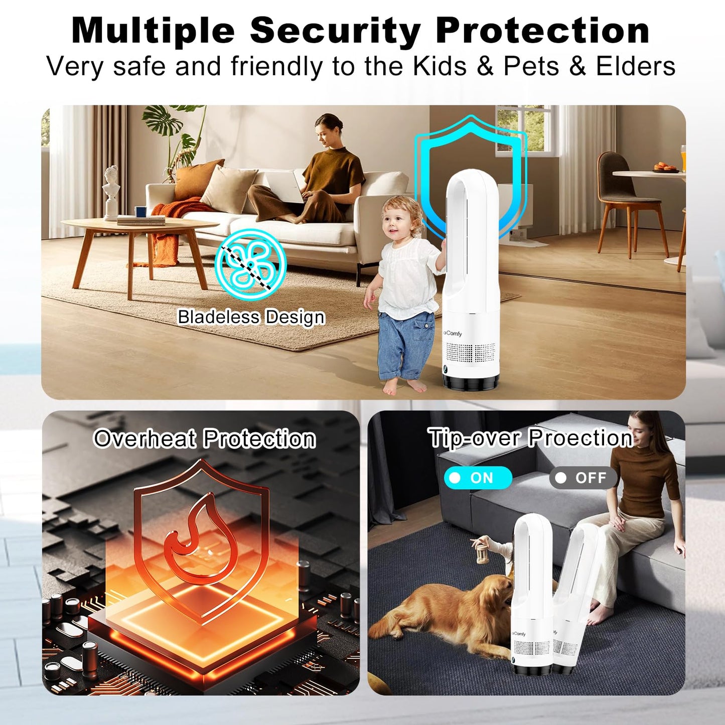 Bladeless Tower Fan for Bedroom, 22Inch 1400W Space Heater & 40W Cooler Fan Combo with Remote, Overheat & Tip-Over Protection, 80° Oscillating, 9H Timer, LED Display for Bedroom, Kitchen, Office