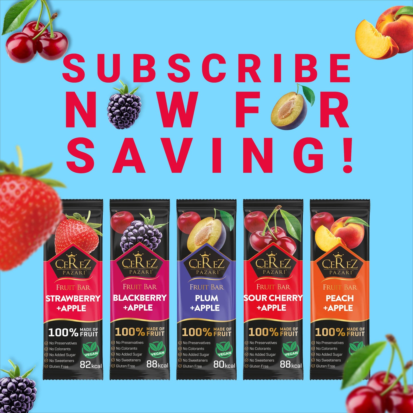 Cerez Pazari Fruit Leather Snacks Variety Pack for Adults and Kids, Healthy Fruit Snacks Bulk, Vegan Real Fruit Bars, Snacks with Strawberry, Blackberry, Plum, Sour Cherry and Peach 25g x 35 pack