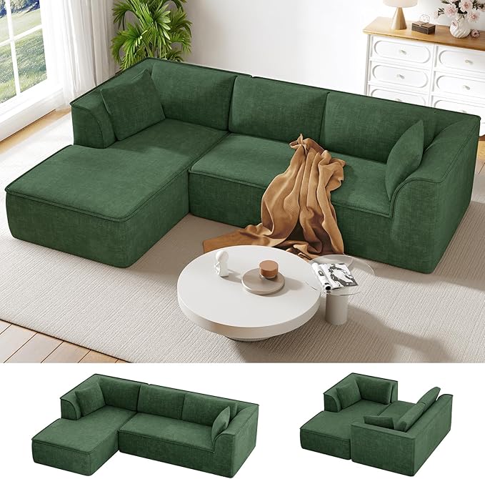 Vesgantti 106" Cloud Couch Sectional Modular Sofa, Deep Seat Comfy Cloud Couch Chenille Memory Foam Sofa Modular Couches for Living Room Bedroom, No Assembly Required (Green, Left-Facing Chaise)