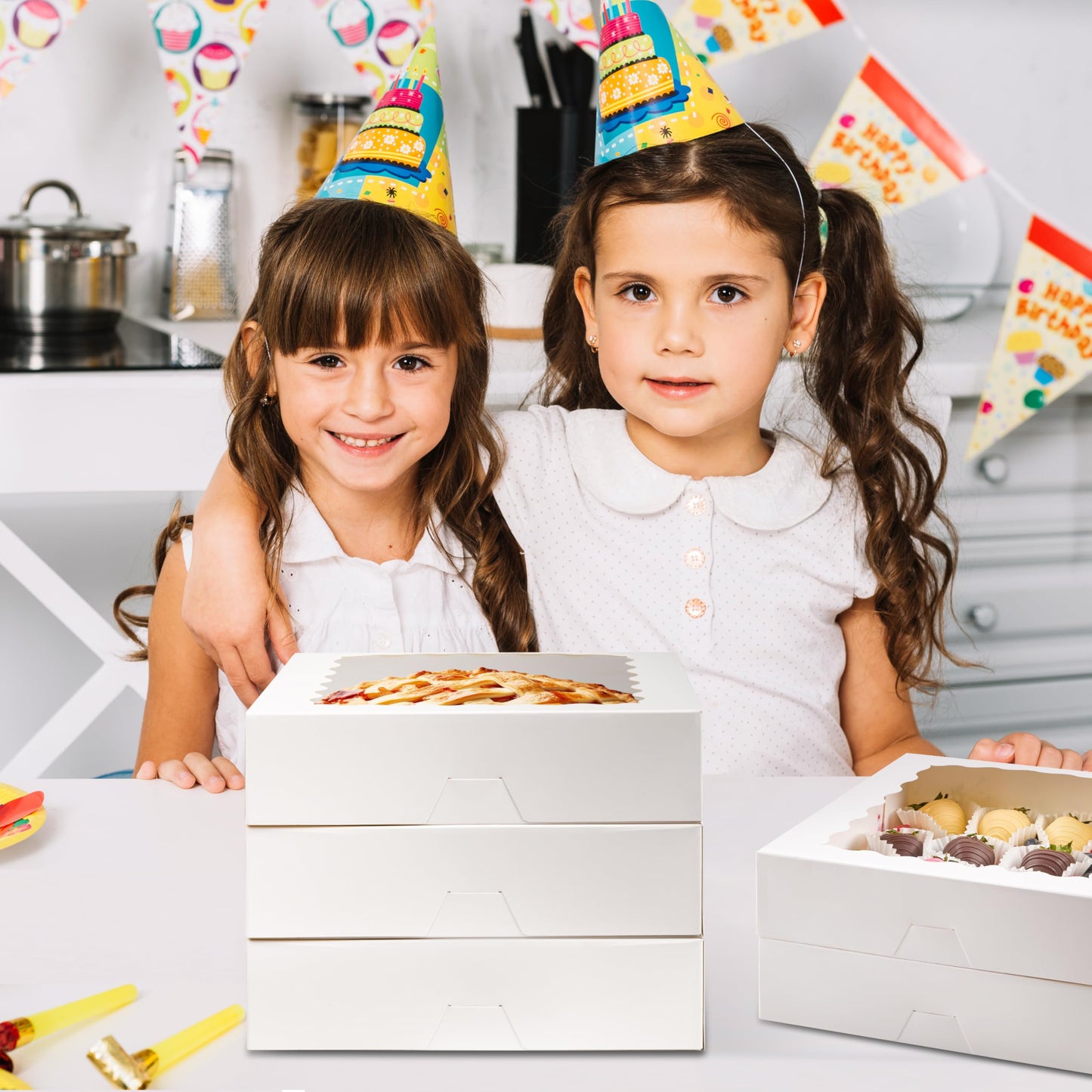 9" x 9" x 2.5" Pie Boxes, 20 Pack Auto Pop-up Chocolate Covered Strawberry Boxes White Bakery Boxes with Window for Cookies, Treats, Pastry, Breakable Heart, Donuts, Muffins