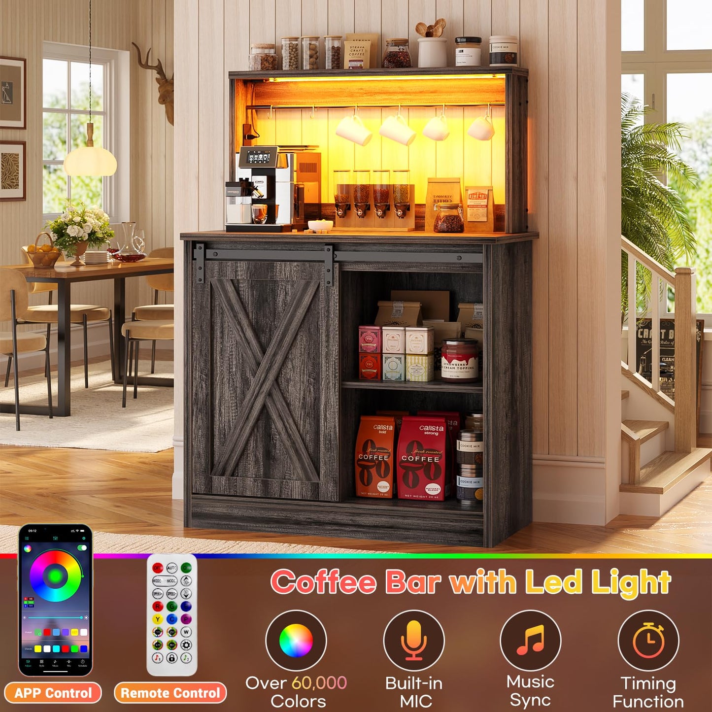 Homieasy Farmhouse Coffee Bar Cabinet with Charging Station & Led Lights, Charming Buffet Cabinet with Hutch, Customizable Storage with Barn Door Style, Perfect for Kitchen, Living Room, Black Oak