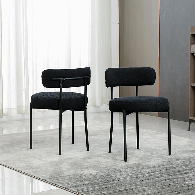DYHOME Black Boucle Dining Chairs Set of 6, Modern Upholstered Dining Chairs with Curved Backrest and Metal Legs, Kitchen Dining Room Chairs