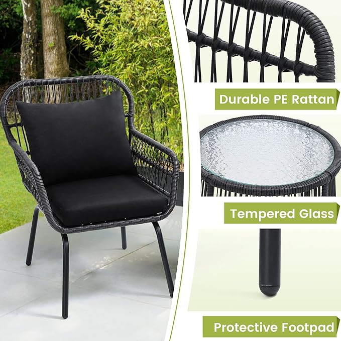wildformers 3 Pieces Rattan Wicker Bistro Set, Outdoor Conversation Set, Wicker Furniture Set with Glass Top Table, Space Saving for Balcony, Backyard, Black