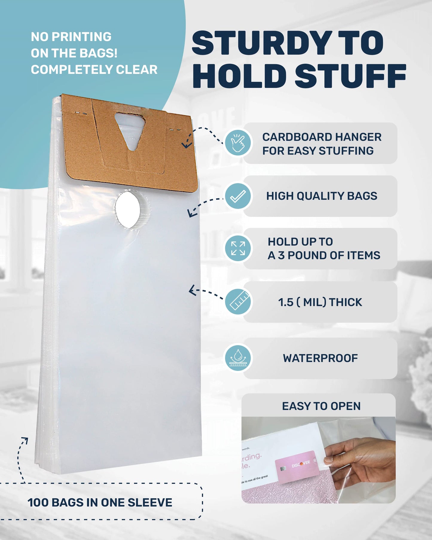 TidyFriend Plastic Door Hanger Bags 6” x 12” (100 Pack), Clear Door Hanger Bags Protects Flyers, Brochures, Notices, Printed Materials - Waterproof and Secure Door Knob Hanger Bag for Outdoor Use