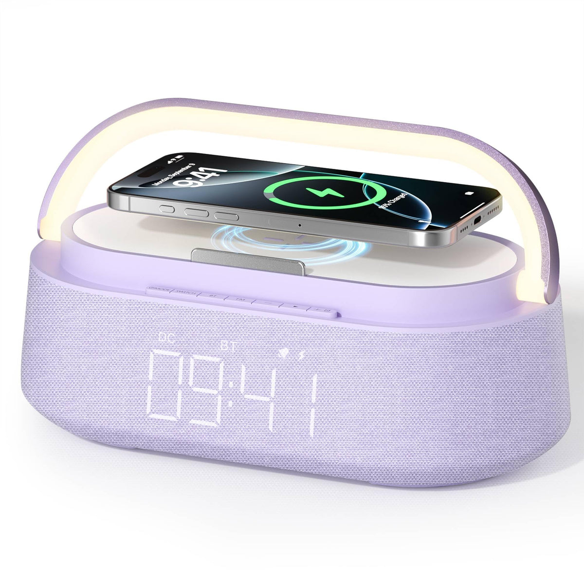 FREEFISH Bluetooth Speaker with Wireless Charger, FM Radio, Dimmer Night Light, Phone Holder, Wireless Charging Speakers for iPhone Samsung AirPods, Bedrooms Home Office Gifts