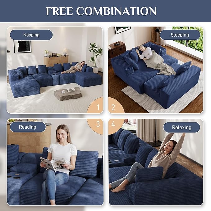 Modular Sectional Sofa with USB Cup Holders Storage, 143" U Shaped Cloud Couch Plush Corduroy Deep Seat Boneless Sofas with Double Chaise Lounge Sectional Couches Memory Foam for Living Room - Blue