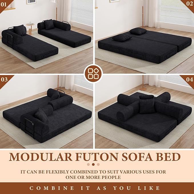 77" Convertible Sofa Bed, Modular Folding Futon Corduroy Floor Foam Compressed Loveseat Sleeper Sofa Couch, Pull Out Queen Size Couch Bed with 2 Pillows for Living Room Guest Room Studio, Black