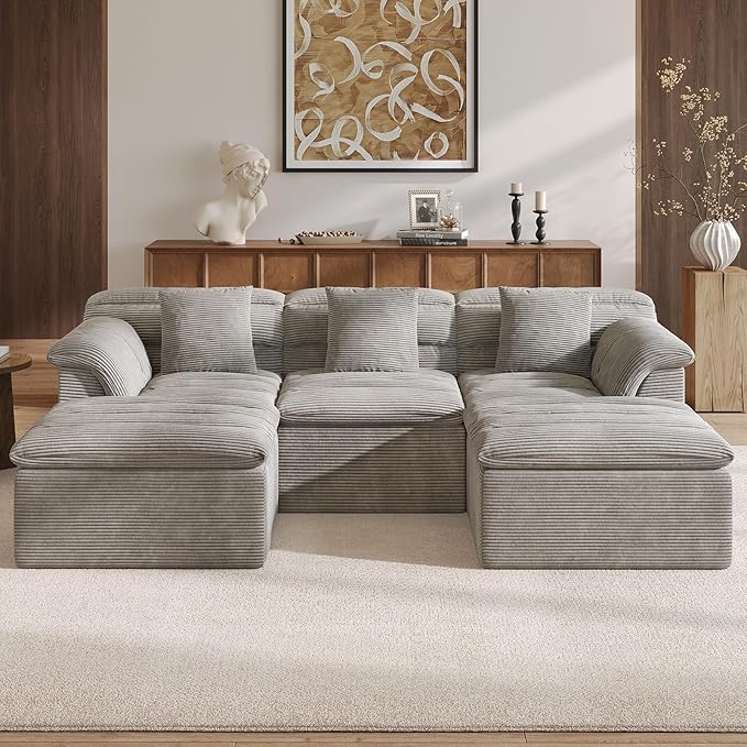SUNG7 111.8" Modular Sofa with Ottoman, Boneless Cloud Couch with Deep Seat, Comfy U-Shape Corduroy Couches for Living Room, No Assembly Required, Light Gray