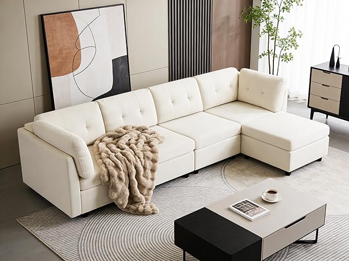 VANOMi 118" Modular Sectional Sofa with Ottoman, 4 Seater Cloud Sofas & Couches, Cozy Chenille Sectional Couches for Living Room, Apartment, Office, White, L Shaped