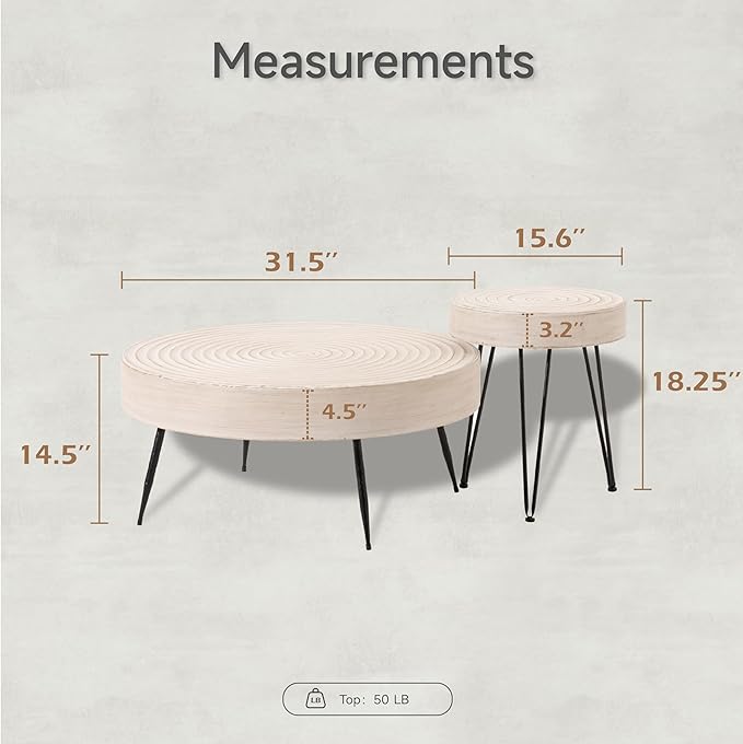 COZAYH 2-Piece Modern Farmhouse Living Room Coffee Table Set, Round Table Natural Finish with Handcrafted Wood Ring Motif, White