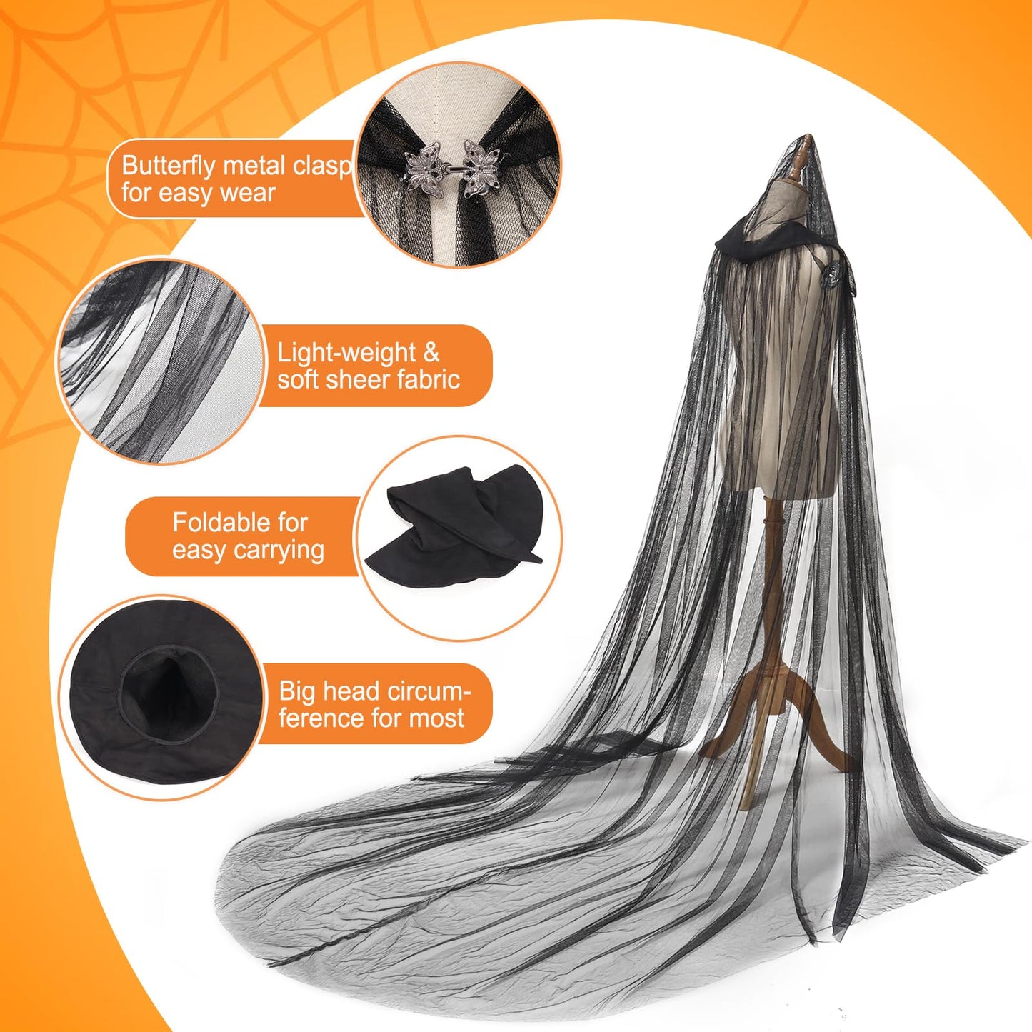Ultrafun Halloween Witch Hat Costume for Women Full Length Sheer Witch Cloak with Hood for Cosplay Costume (Black)