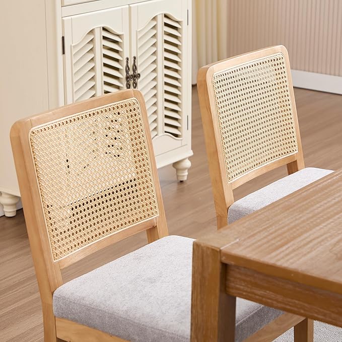 Farmhouse Rattan Dining Chairs Set of 4, Mid Century Modern Kitchen & Dining Room Chairs, Rectangle Cane Upholstered Kitchen Chairs Side Chairs with Natural Wooden Legs, Grey Chenille