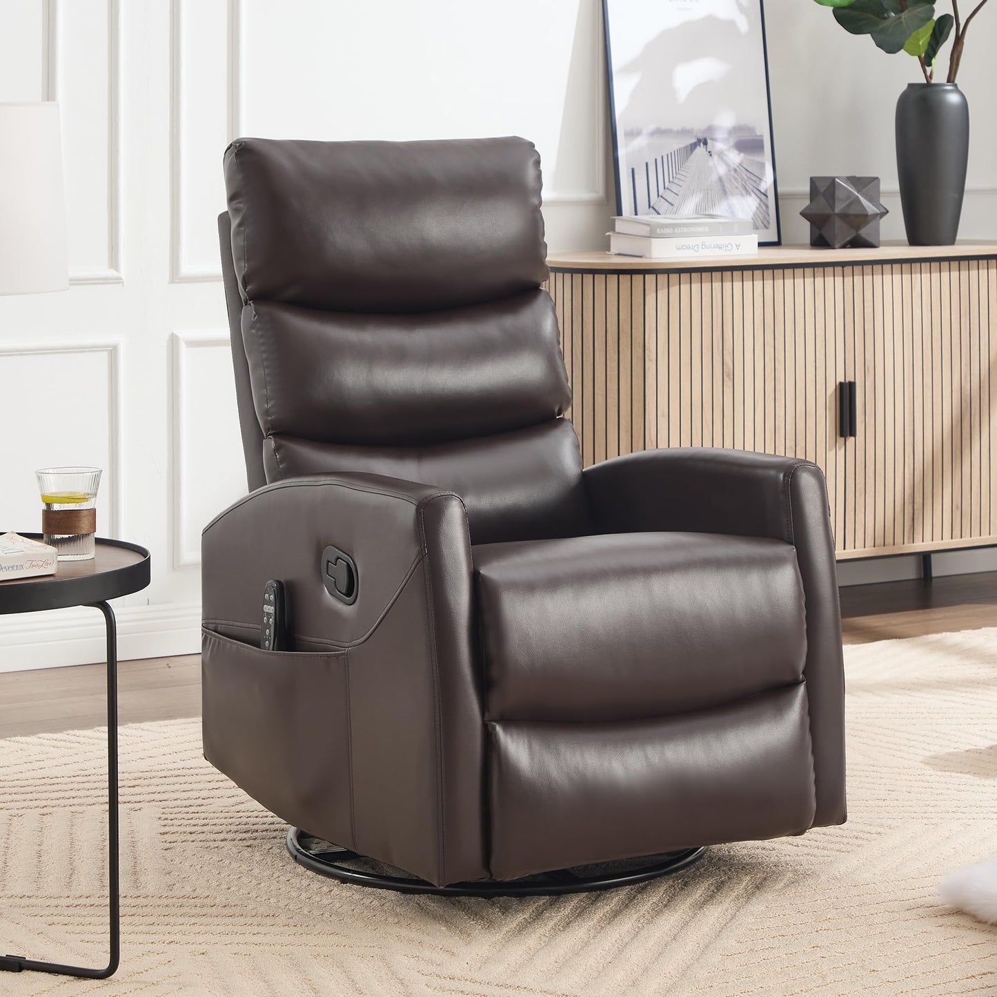 KEIKI 4-in-1 Manual Swivel Rocker Recliner Chair for Home Living Room, Faux Leather Chair with Back Massager & Heat, Home Theater Seating with Lumbar Support, Soft Bedroom Chairs for Adults, Brown