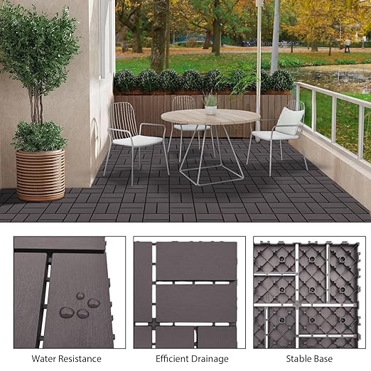 36 PCS 12x12 Inch Interlocking Deck Tiles - Waterproof All-Weather Outdoor Patio Flooring for Pool, Balcony, Backyard, Porch & Garden, Coffee