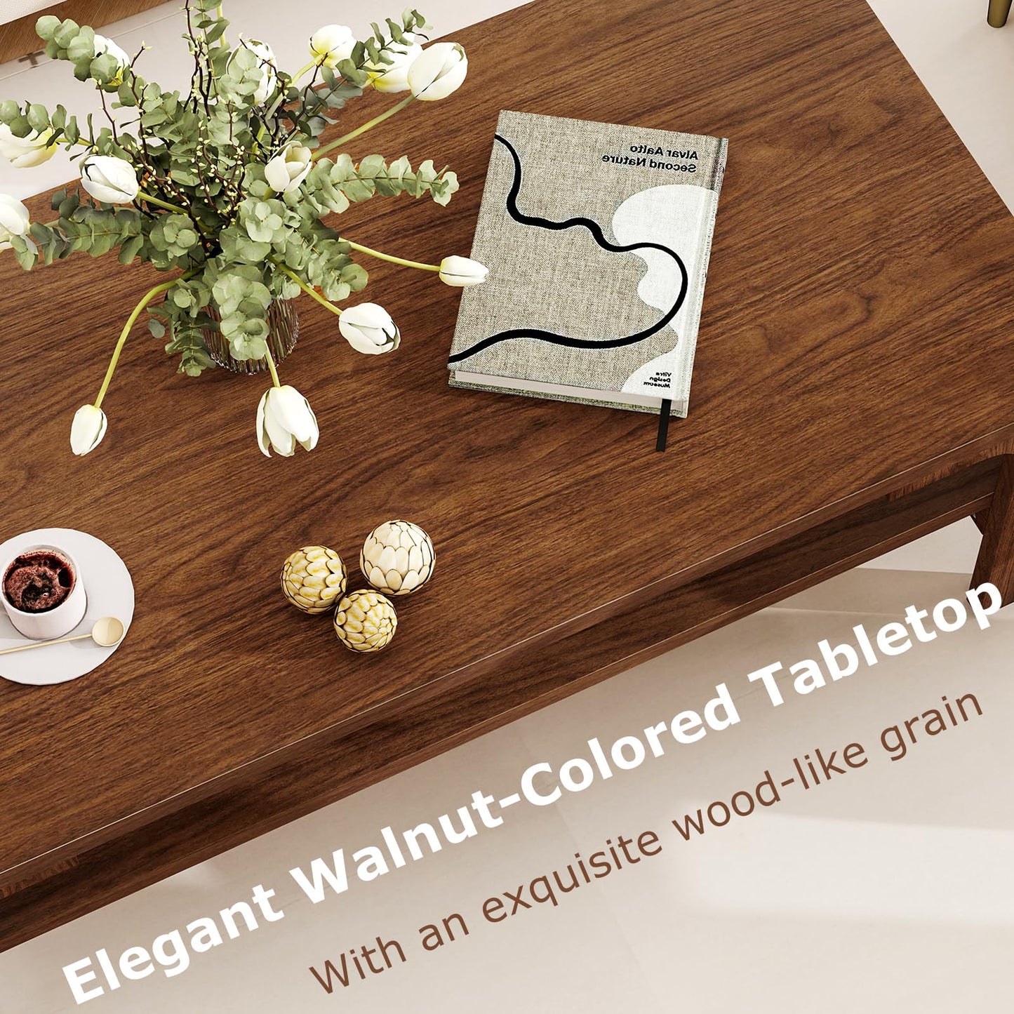 Giantex Mid Century Modern Coffee Table, 47" 2-Tier Center Table with Storage Shelf, Rectangular Vintage Cocktail Table w/Curved Legs & Large Tabletop, Wood Living Room Tables for Apartment, Walnut