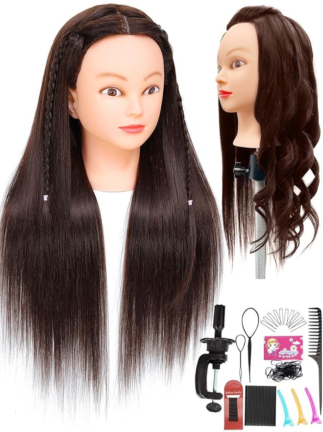 Mannequin Head Human Hair for Cosmetology, Manikin Head with 80% Real Hair for Styling Doll Head Braiding Practice Mannequin Heads Hairdresser Hairstylist Kids with Free Clamp Holder (Dark Brown 4#)