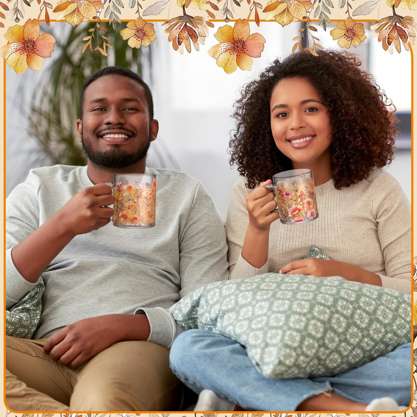Tioncy 4 Pcs Fall Floral Coffee Mugs 12 oz Flower Glass Cups with Handle Thanksgiving Floral Coffee Cup Autumn Mug Sweet Fall Gifts Drinking Containers for Harvest Holiday Party (Wildflower)
