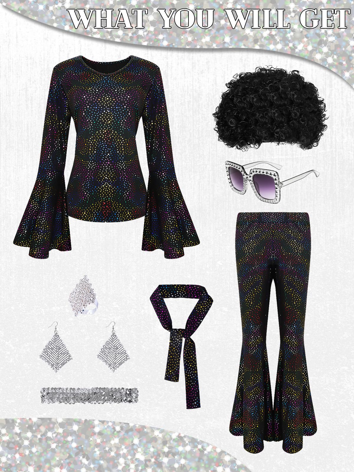 FEELJAM 70s Disco Outfits for Women, Retro 8 PCS Disco Costume with Top, Pants, Sunglasses, Ring, Earrings, Wigand (Black, Large)