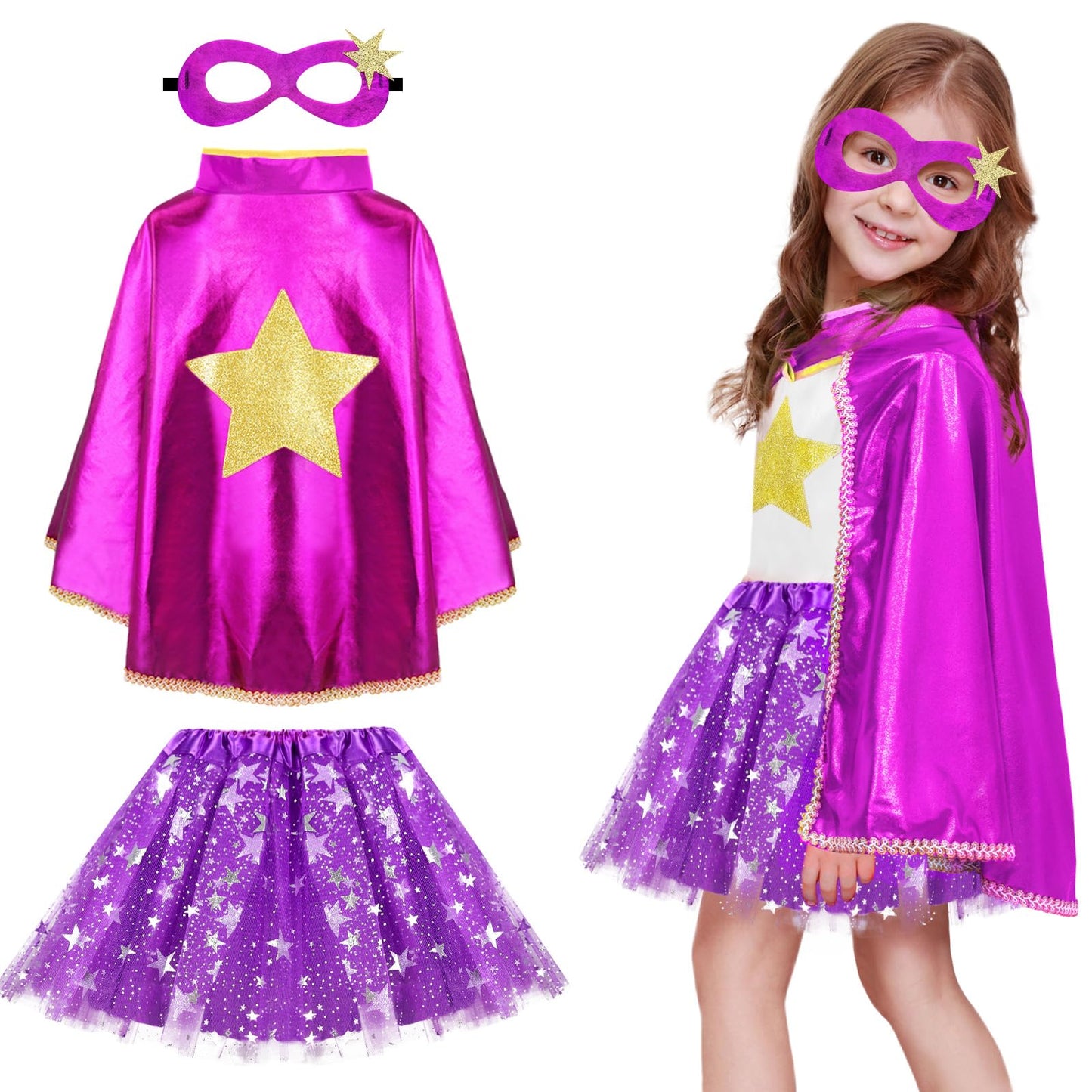 iROLEWIN Kids-Superhero-Cape and Mask TuTu for Girls Super Hero Costume as Toddler Dress-Up Clothes School Play Party Gifts