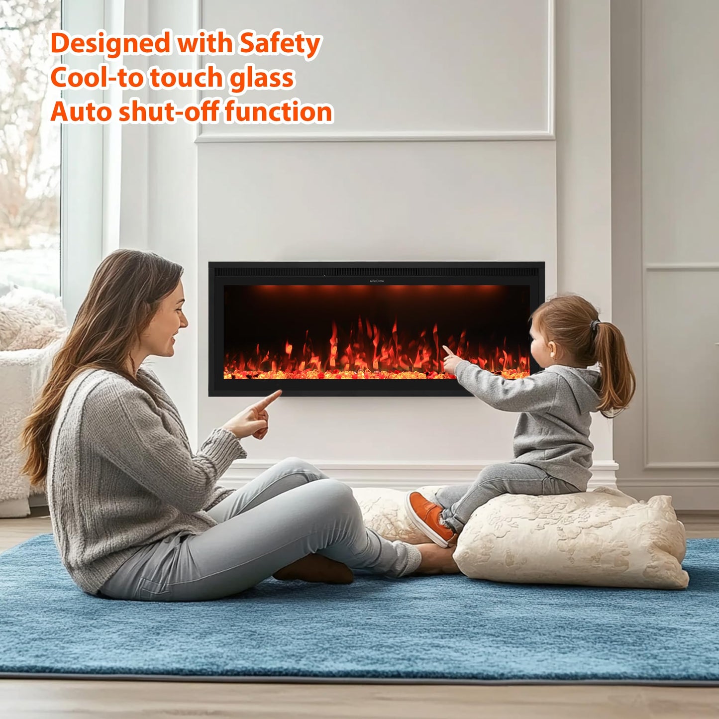 Valuxhome 48 inch Smart Wall Mounted/Recessed Electric Fireplace Insert, Ultra-Thin Fireplace Heater, Adjustable Flame Effect, Log & Crystal, 400 Sq.ft, App & Touchscreen & Remote, 750/1500W, Timer